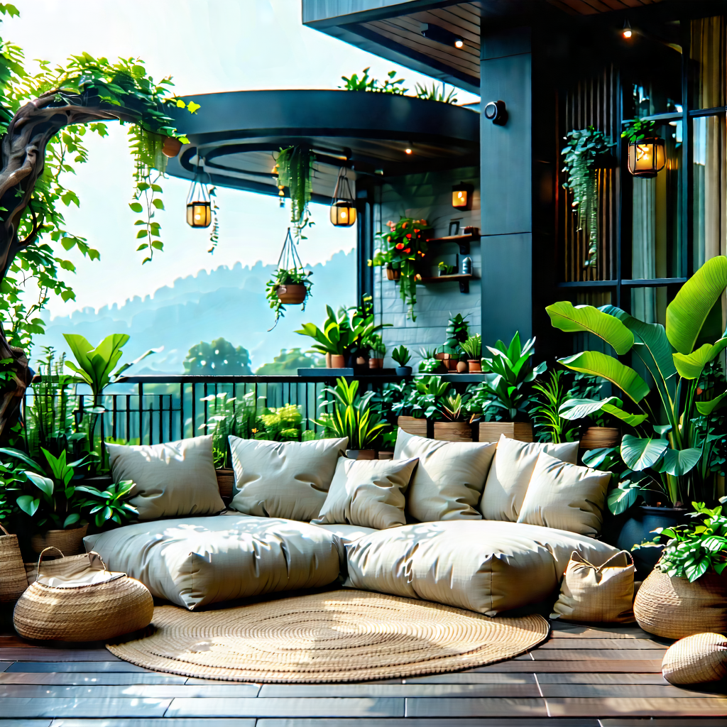 Lifestyle Advertising Photography: Balcony Garden With Comfortable Textiles With Large, Well-maintained