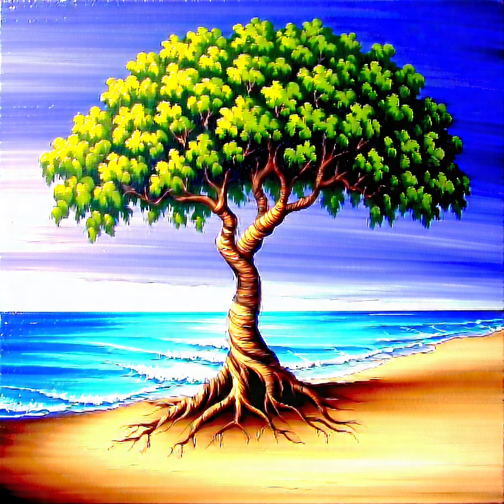 Nature Acrylic Painting: (ancient:1.17) (tree:1.36) In Coastal Environment With Large Tree