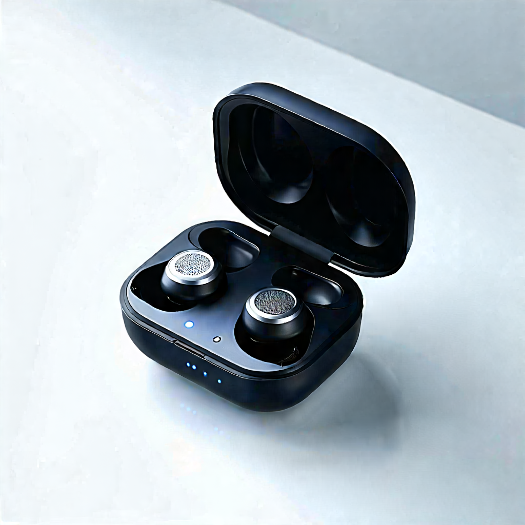 Tech Product Photography: Wireless earbuds with streaming content