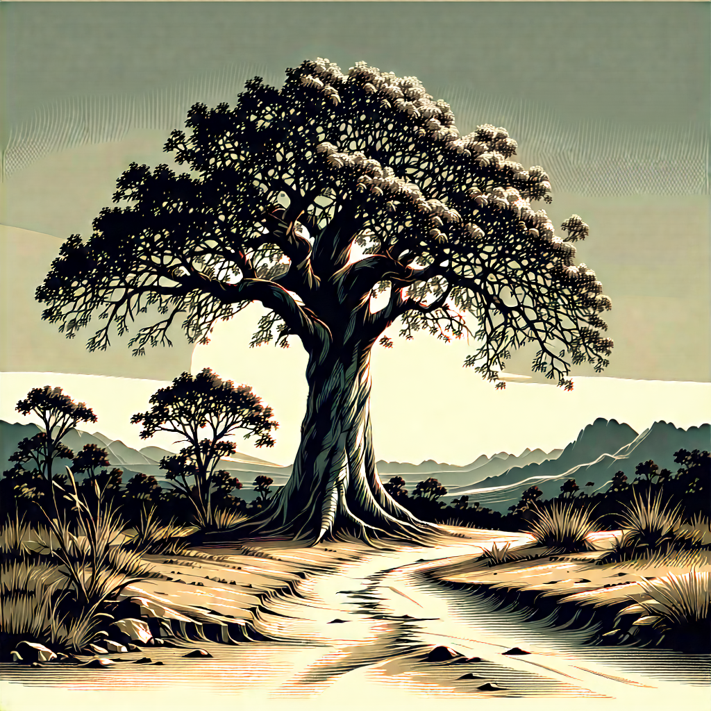 Nature Woodcut Print: (ancient:1.16) (tree:1.11) In Dry Season With Large Tree