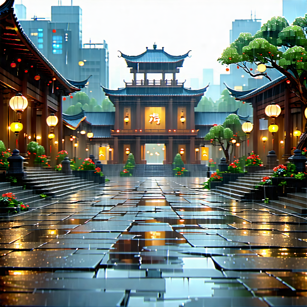 Urban Digital Illustration: Cultural Center With (rain:1.37)-slicked Streets With Beautifully Designed