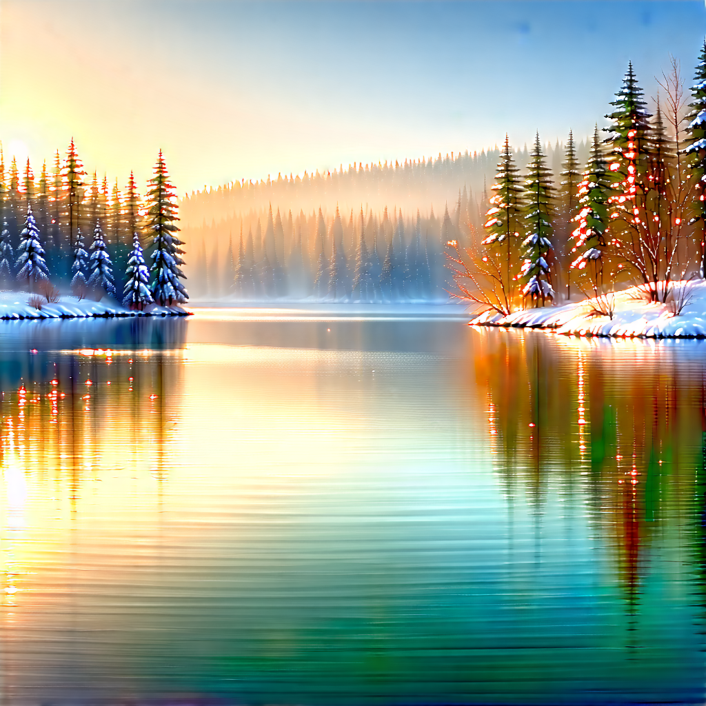 Nature Acrylic Painting: Crystal Clear Lake Surrounded By (snow:1.17)-covered Trees With Serene Lake