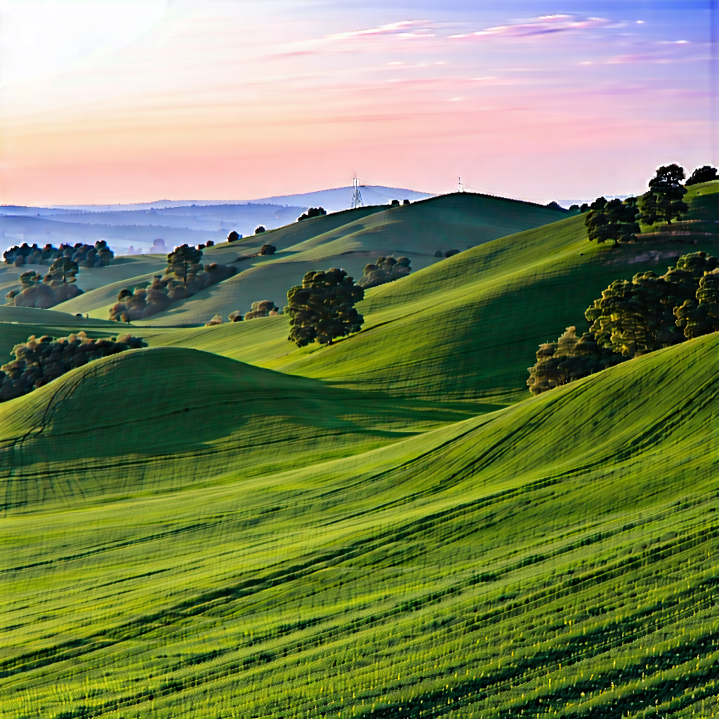 Nature Stock Photography: Rolling Hills During Sunset With Lush Green