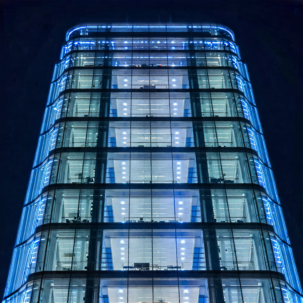 Urban Hdr Photography: Glass Office Tower With Dramatic Lighting With Tall Building