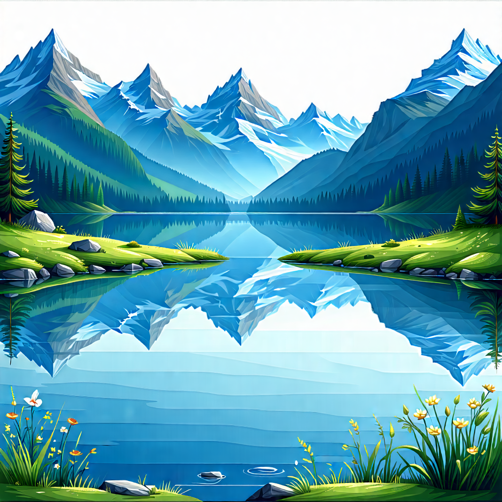Nature Vector Art: Tranquil Pond Surrounded By Mountain Peaks With Image, There