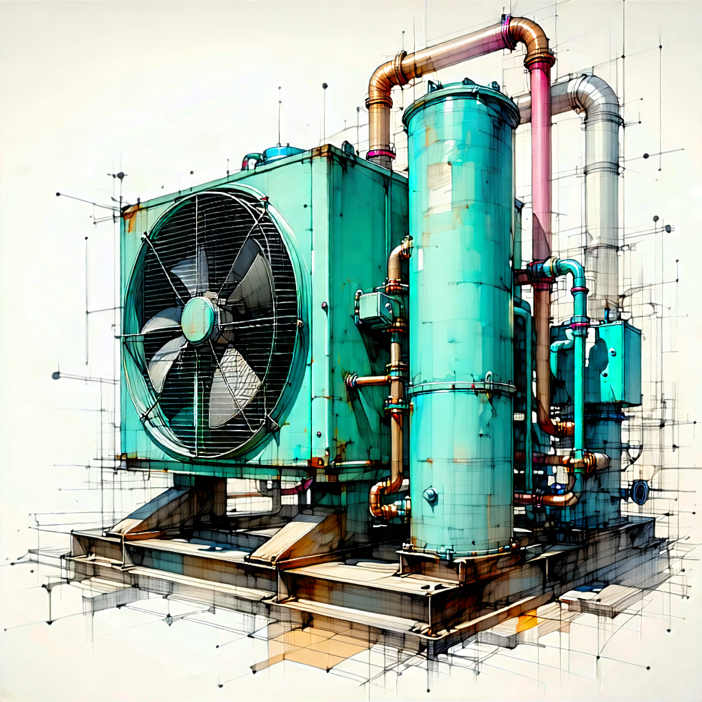 Tech Pastel Drawing: Close-up Of Cooling System With Large, Blue,