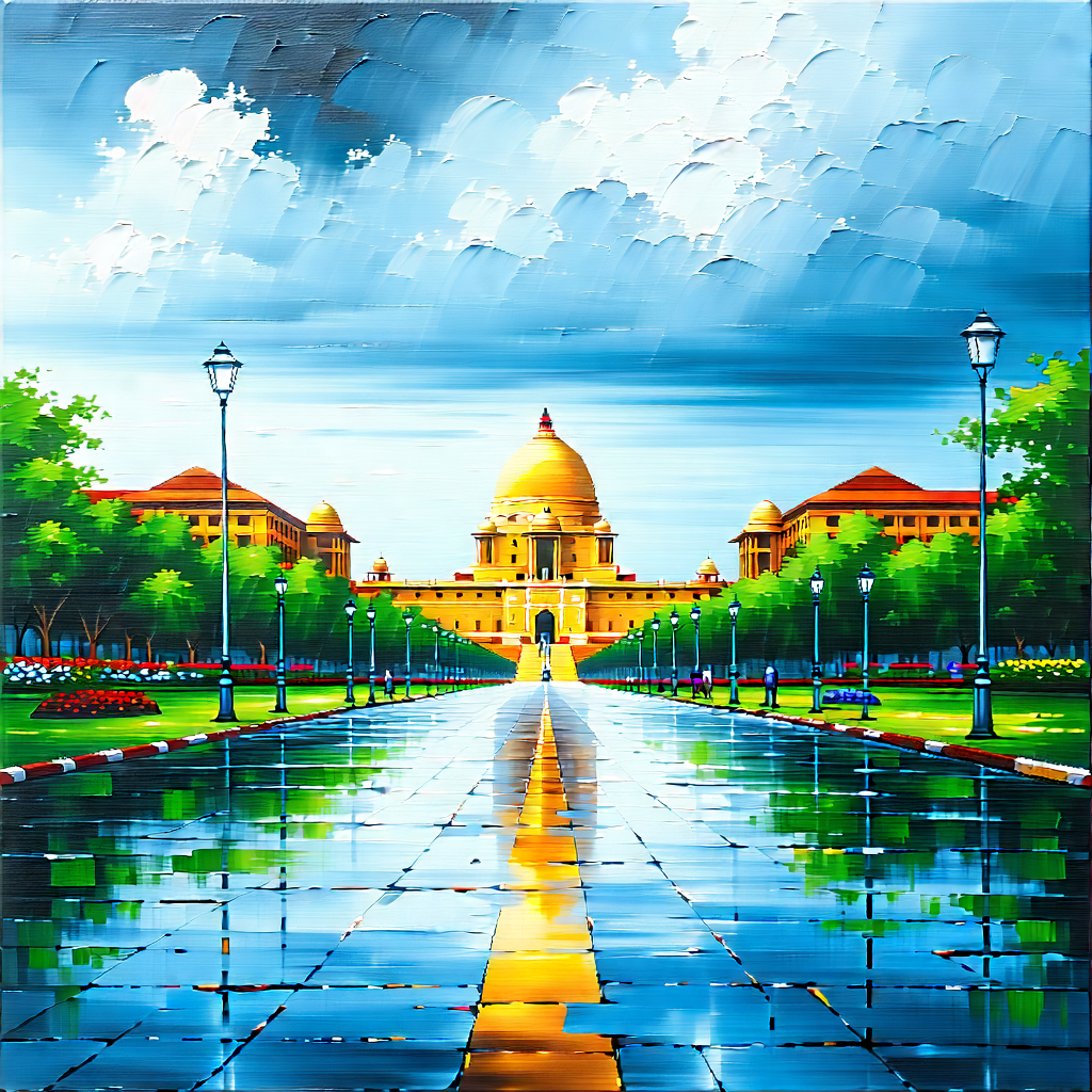 Urban Oil Painting: Famous Building With (rain:1.19)-slicked Streets With City Street
