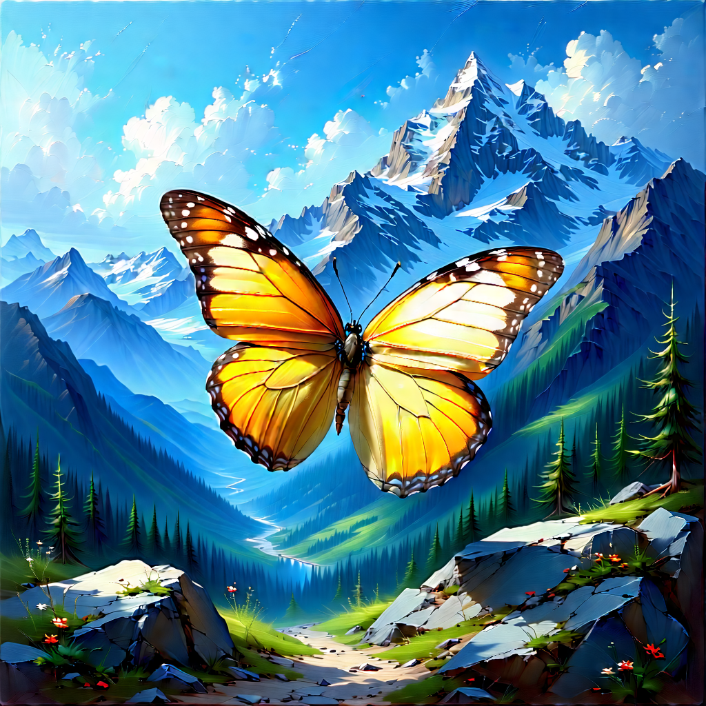 Nature Oil Painting: Butterfly In (mountain:1.44) Terrain With Beautiful Butterfly