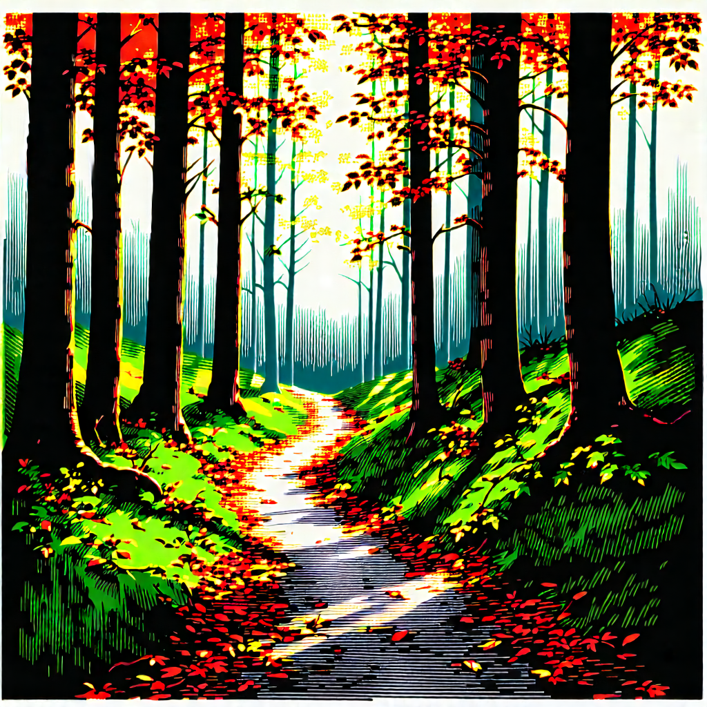 Nature Linocut Print: Path Through Autumn Woodland With Painting Forest
