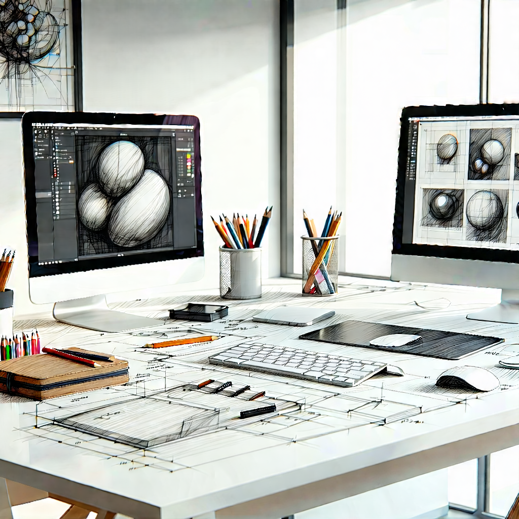 Business Ink Drawing: Workplace With Digital Devices On Desk With White Desk