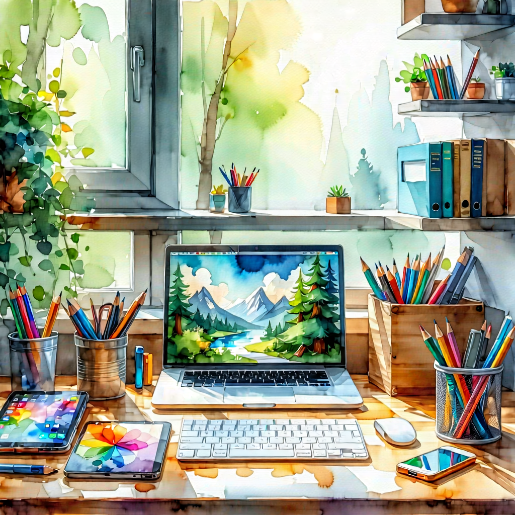 Lifestyle Watercolor Painting: Home Office With Organized Space With Wooden Desk