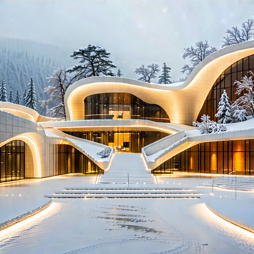 Urban Abstract Design: Cultural Center With (snow:1.23) Covering With Large, Modern