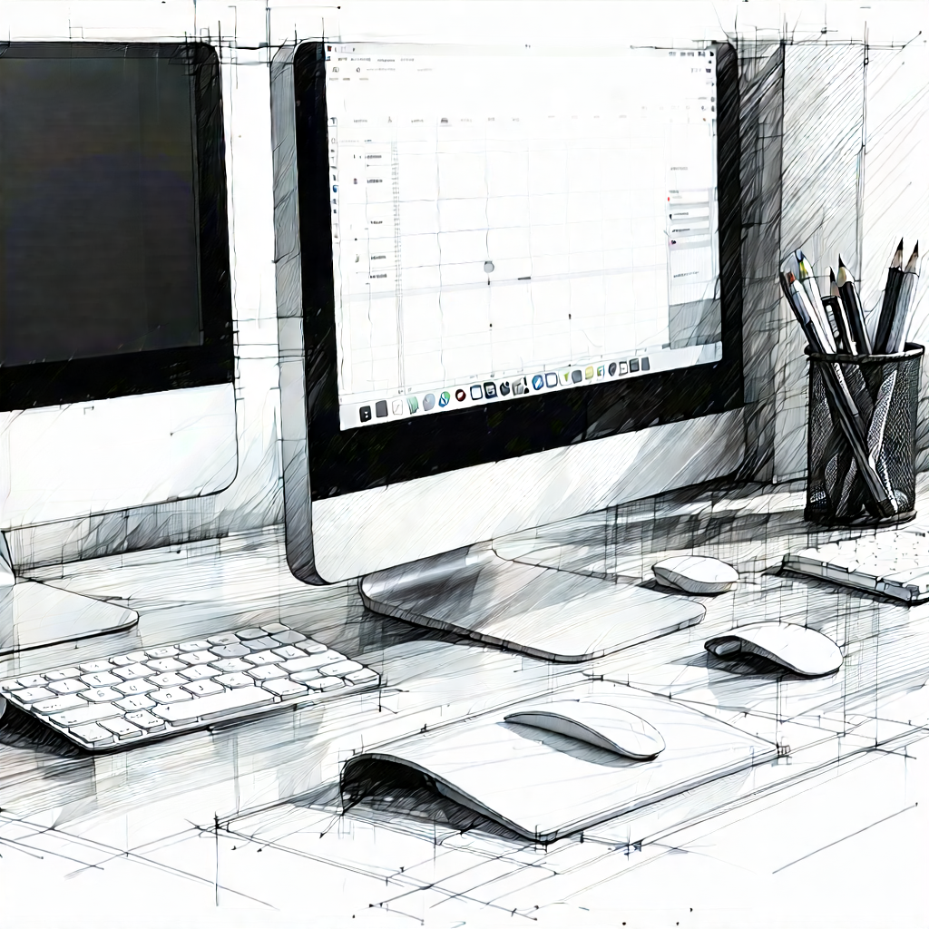 Business Pencil Sketch: Workplace With (digital:1.44) Devices On Desk With Image, There
