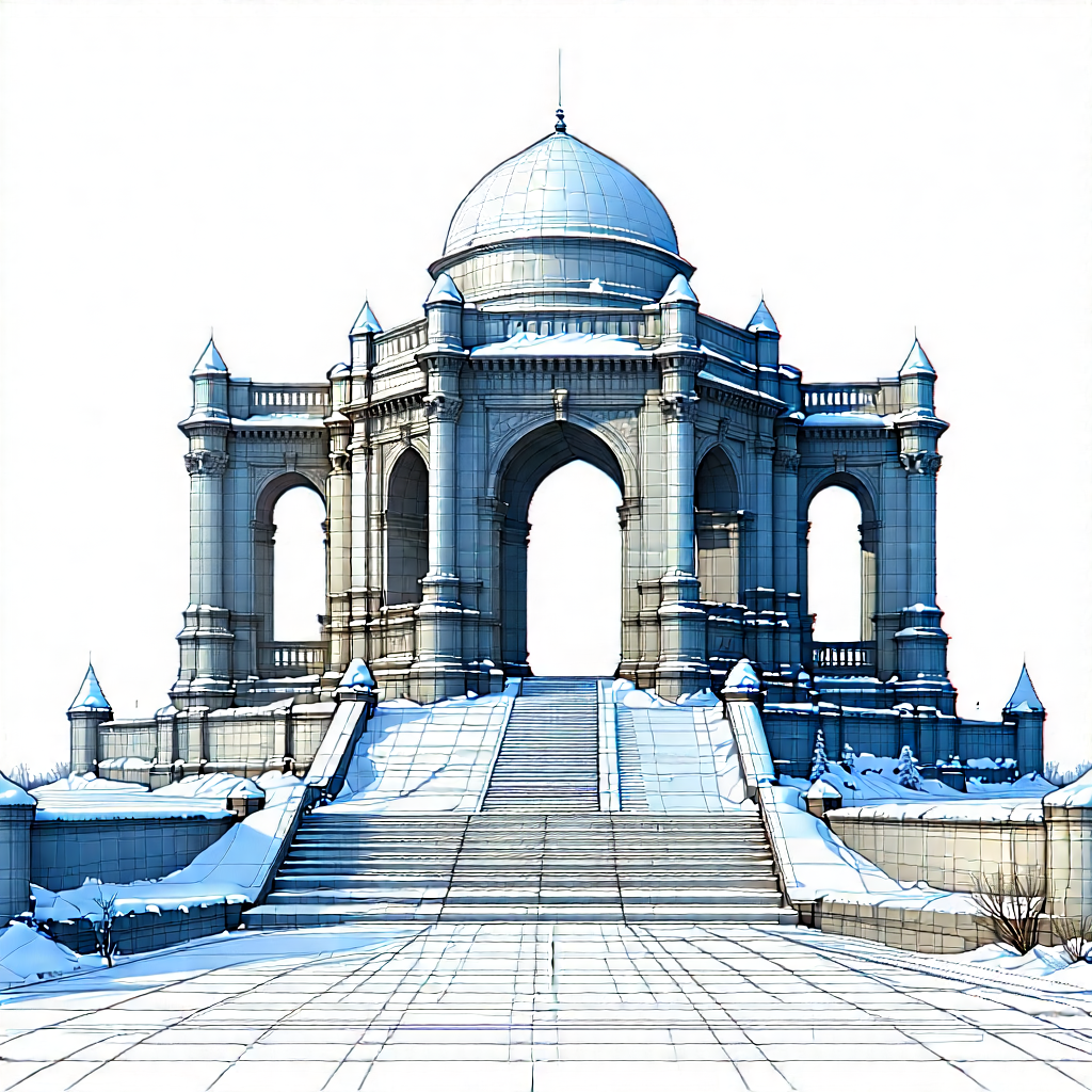 Urban Blueprint Style: Historic Monument With (snow:1.41) Covering With Drawing Large,