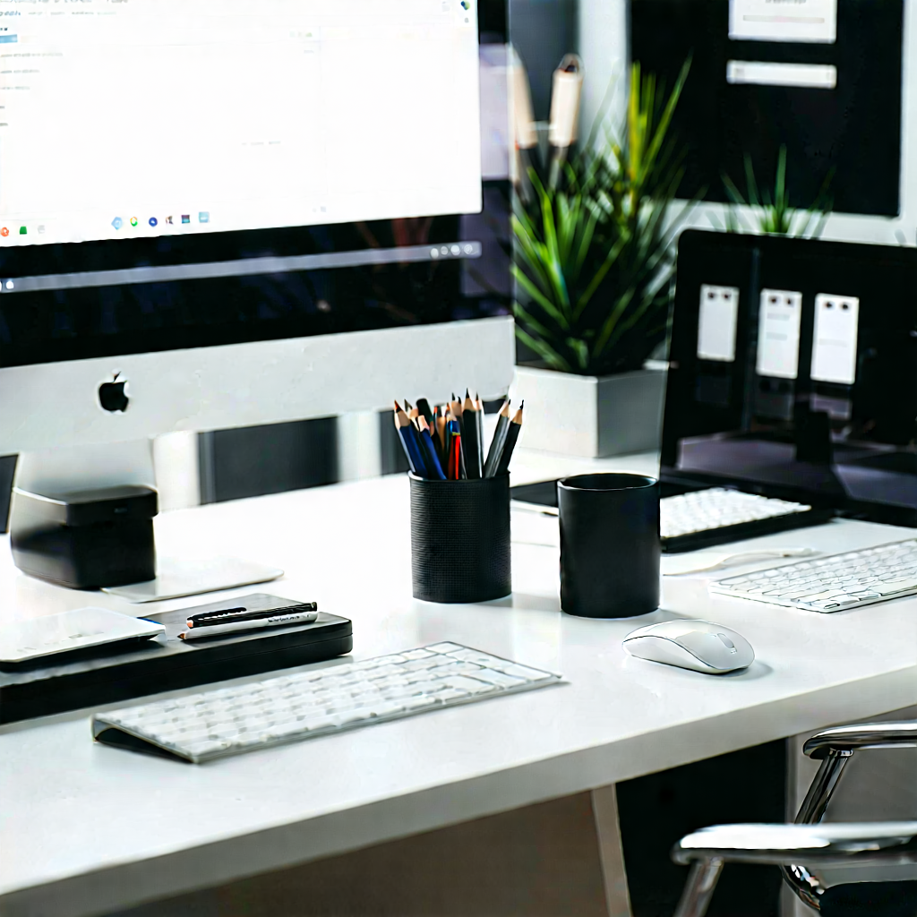 Business Editorial Photography: Workplace with (modern:1.19) office supplies on desk