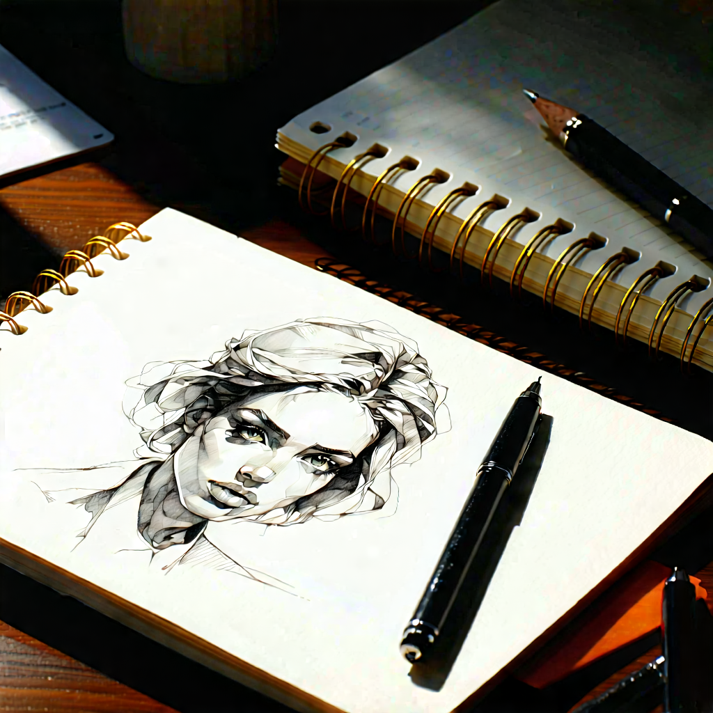 Business Ink Drawing: Workplace with notebooks and pens on desk