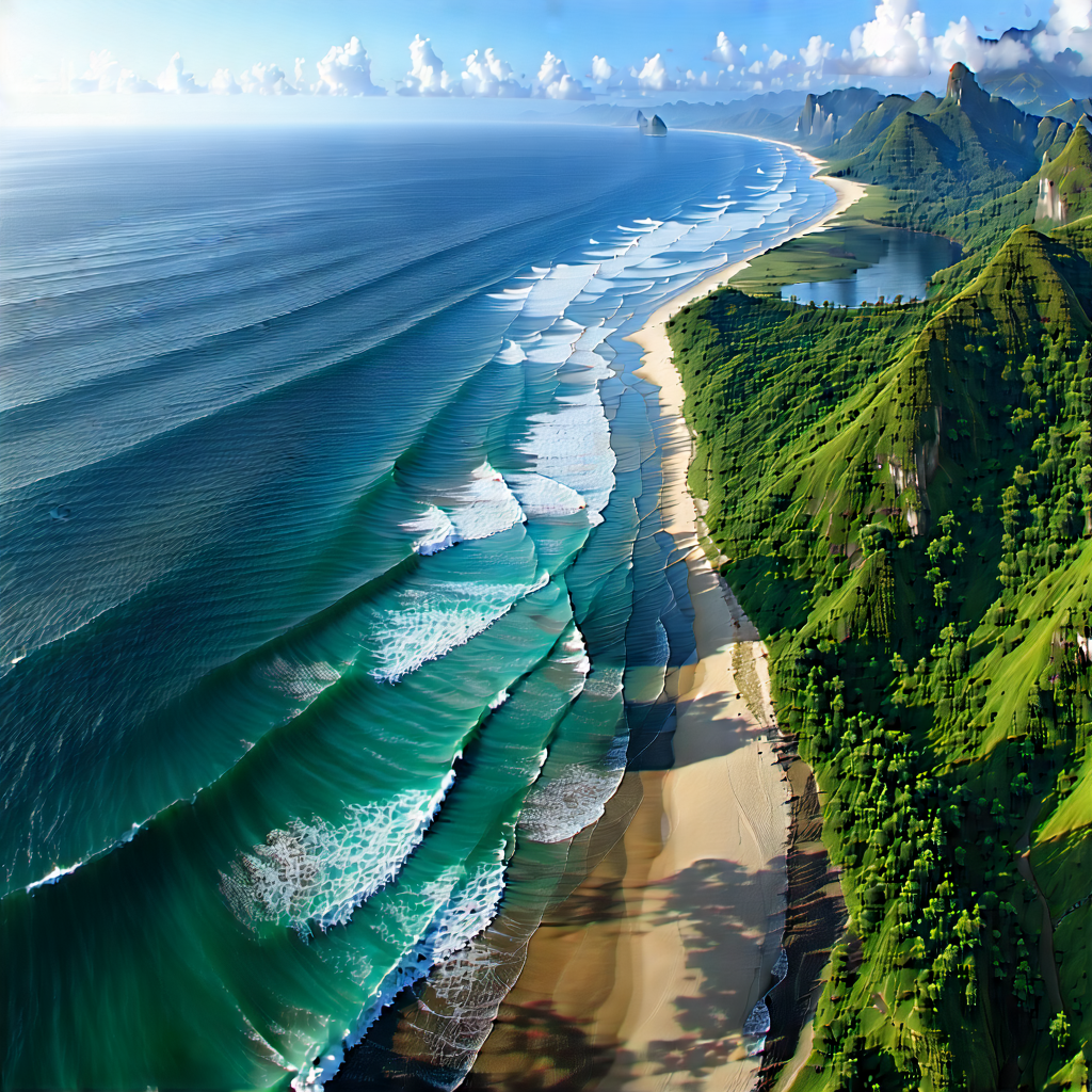 Nature Drone Photography: Ocean waves surrounded by lush vegetation