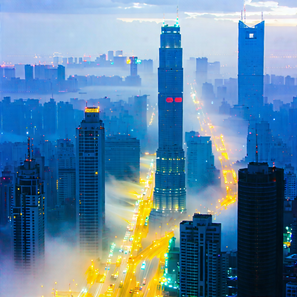 Urban Gouache Painting: Cityscape Of Modern Metropolis During Foggy Morning With Nighttime View