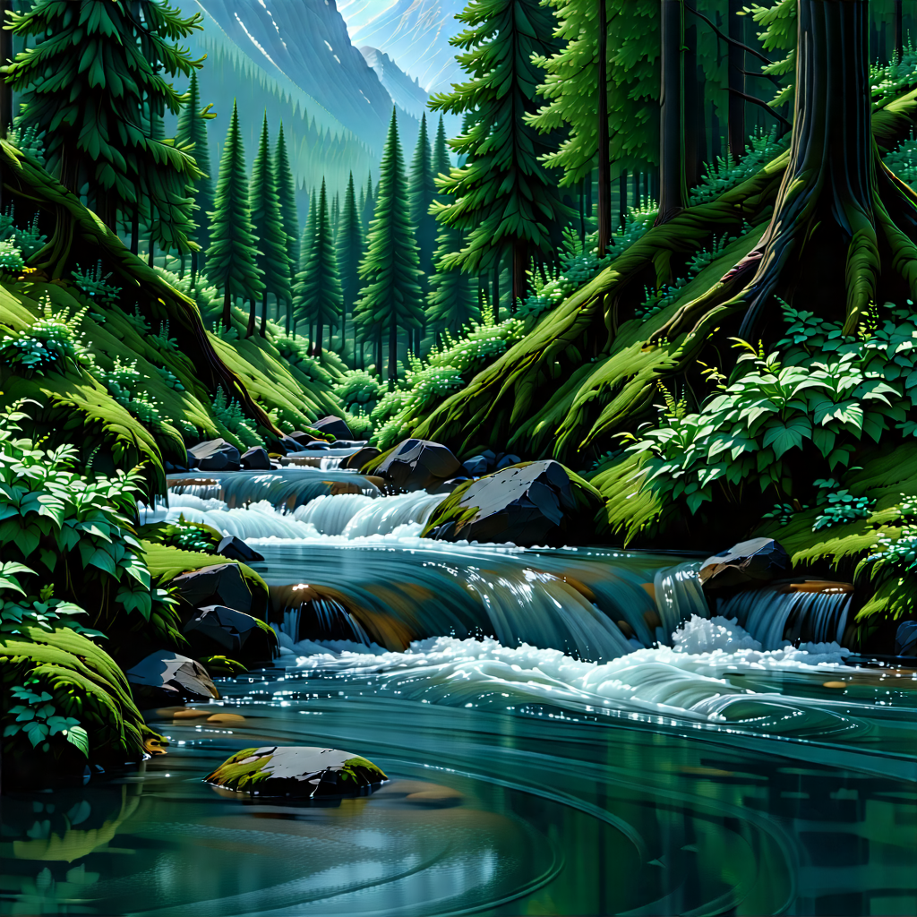 Nature Abstract Design: Mountain Stream Surrounded By Lush Vegetation With Beautiful Waterfall