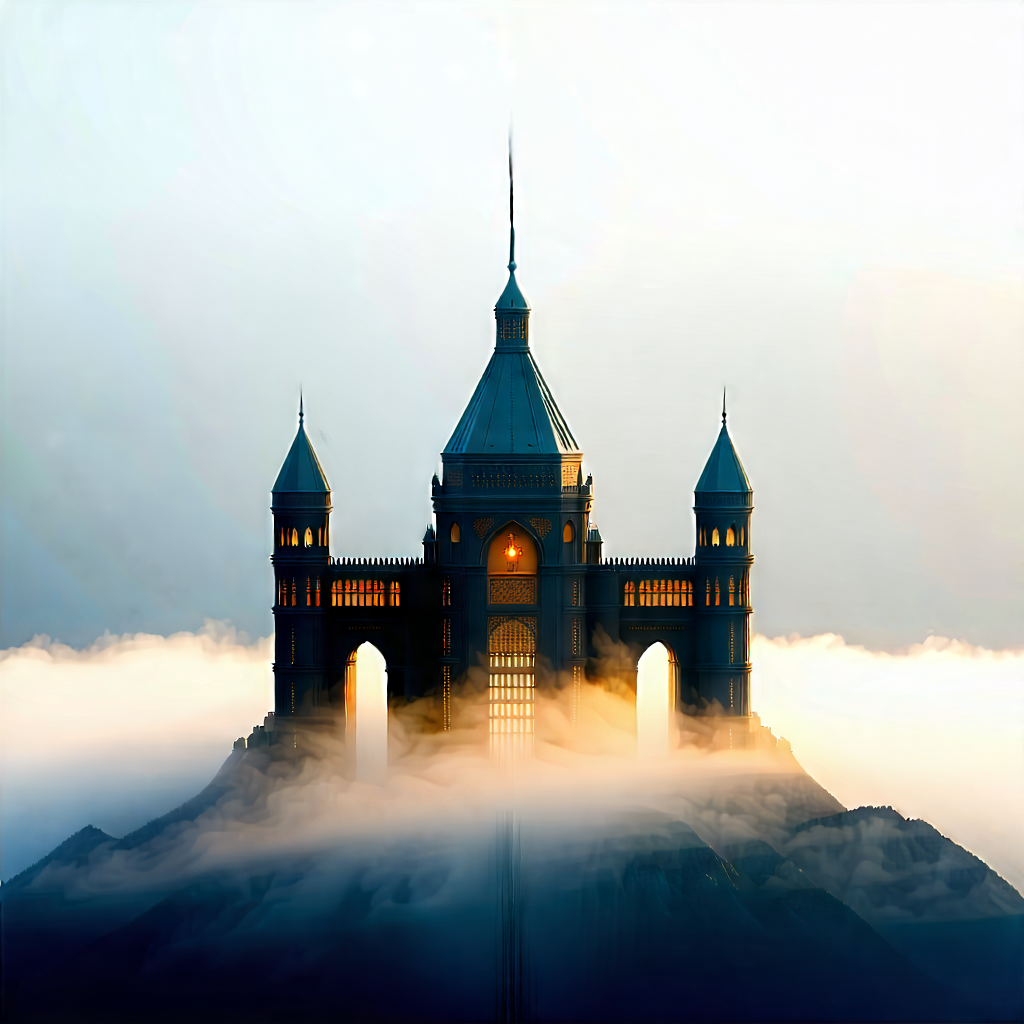 Urban Digital Illustration: Famous Building With Morning Mist With Large Castle