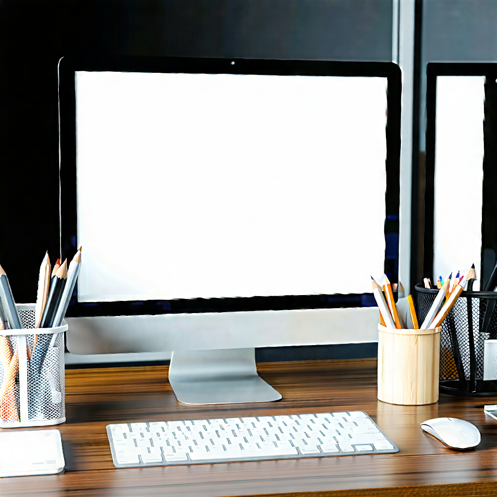 Business Matte Painting: Workplace With (modern:1.24) Office Supplies On Desk With Wooden Desk