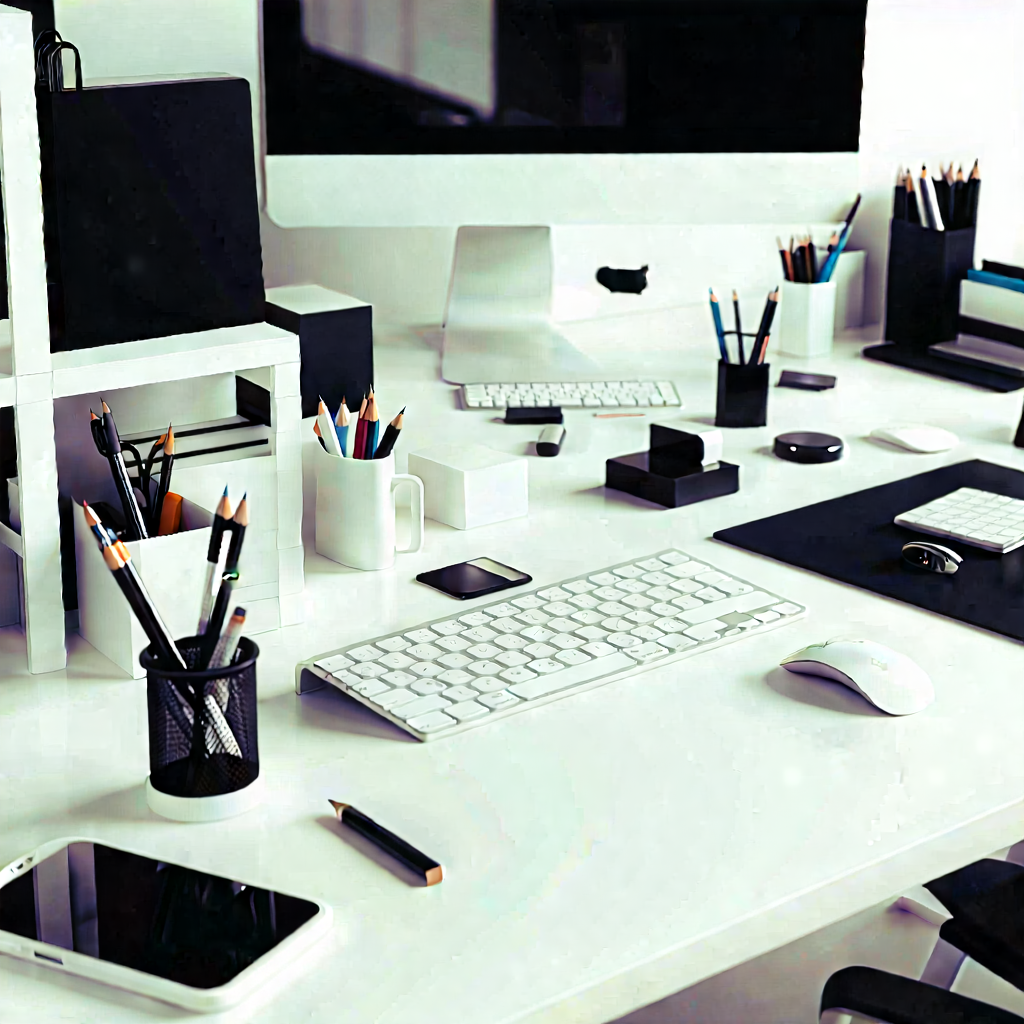 Business Geometric Design: Workplace with productivity tools on desk