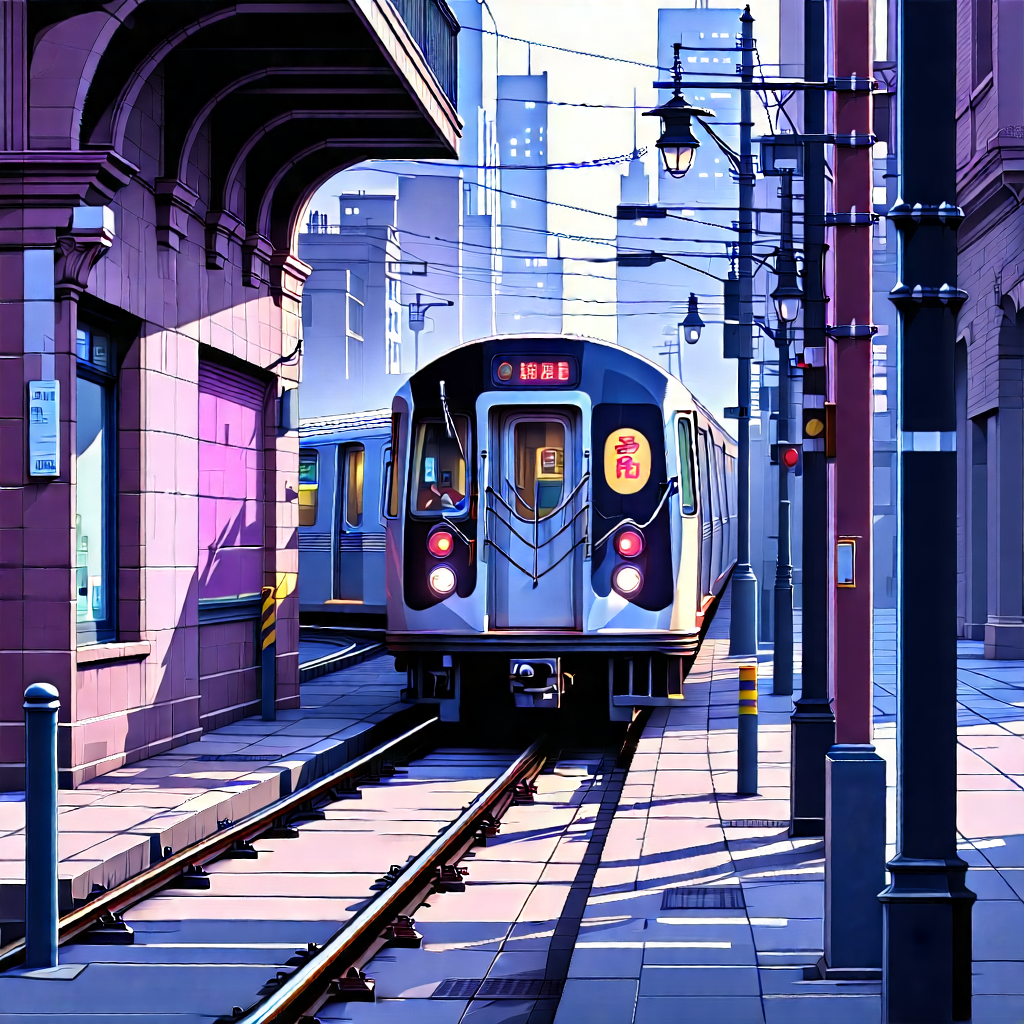 Urban Technical Illustration: (city:1.19) Subway In Quiet Side Street With Train Traveling