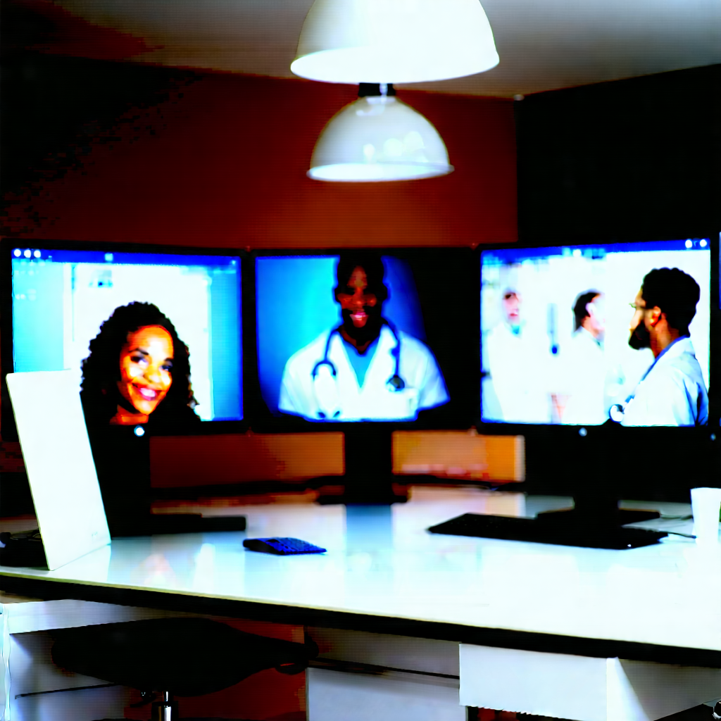 Business Acrylic Painting: Healthcare professional using multiple monitors