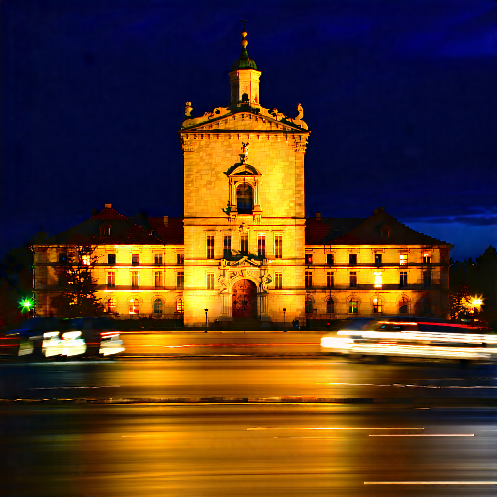 Urban Aerial Photography: Historic (building:1.45) With Dramatic Lighting With Large, Yellow