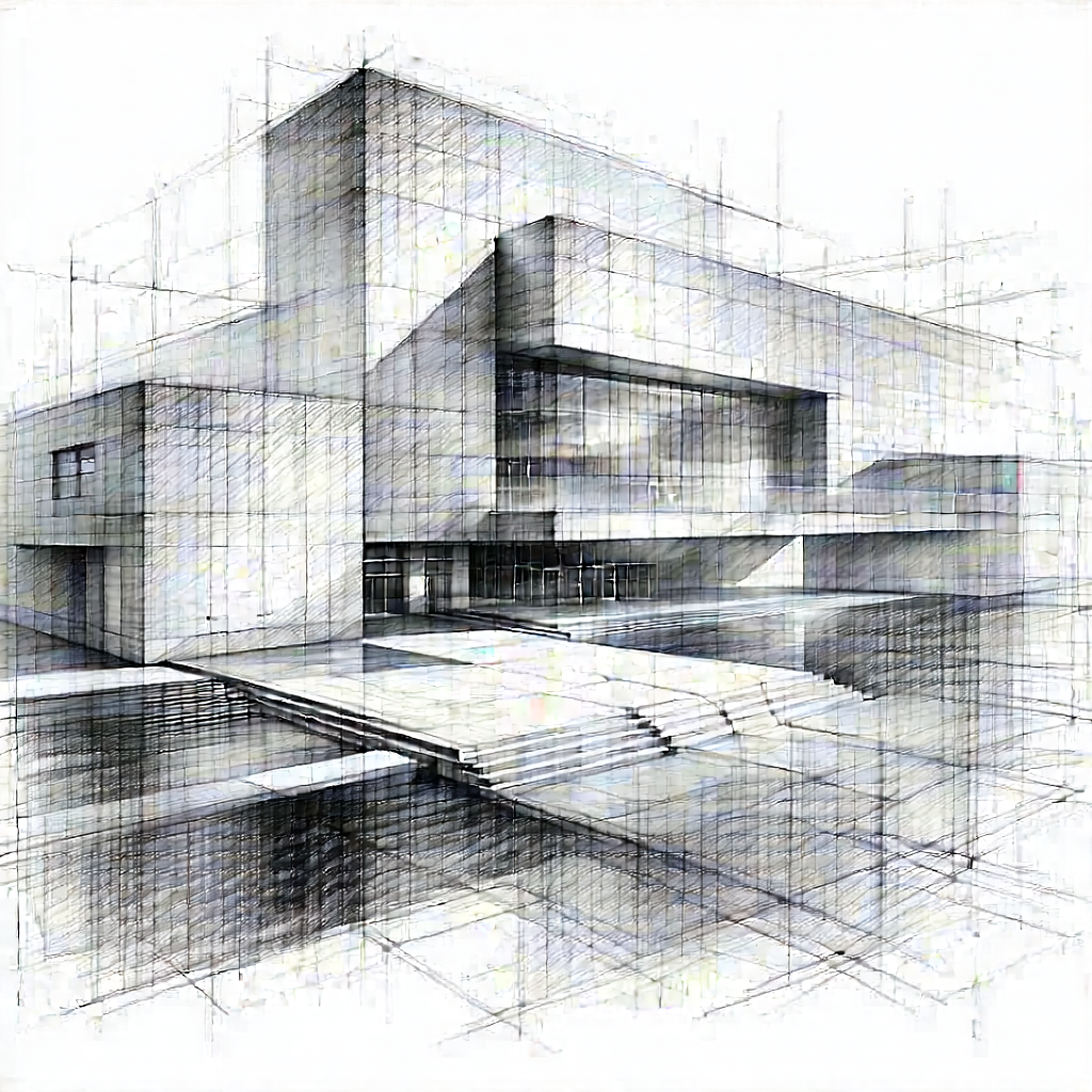 Tech Charcoal Drawing: Educational Technology In Research Center With Large Building