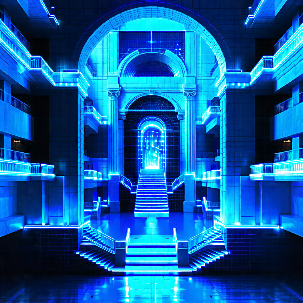 Tech Architectural Photography: Robot With Blue Light Glow With Blue-toned Photo