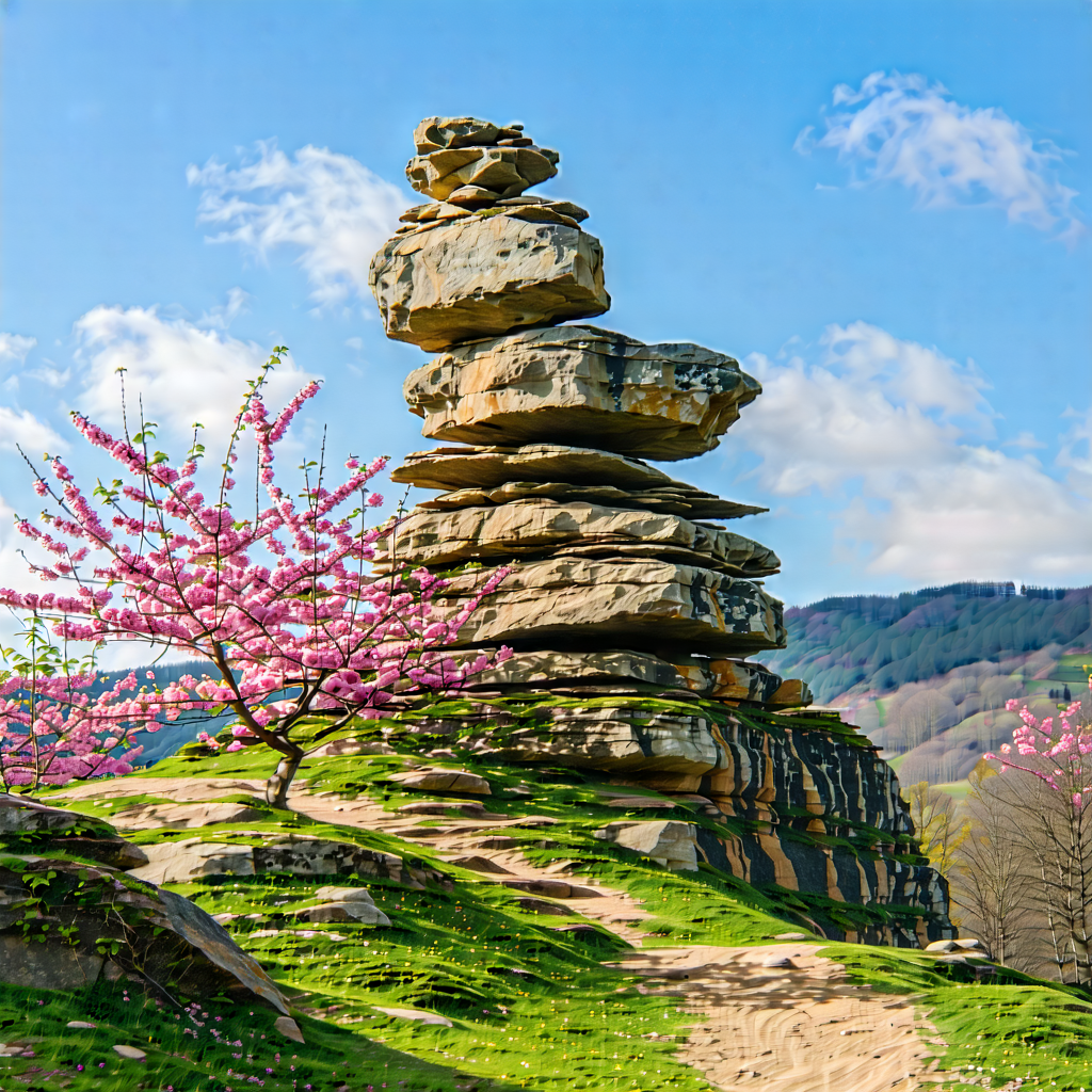 Nature Flat Design: Rock Formation In Spring Bloom With Large Rock