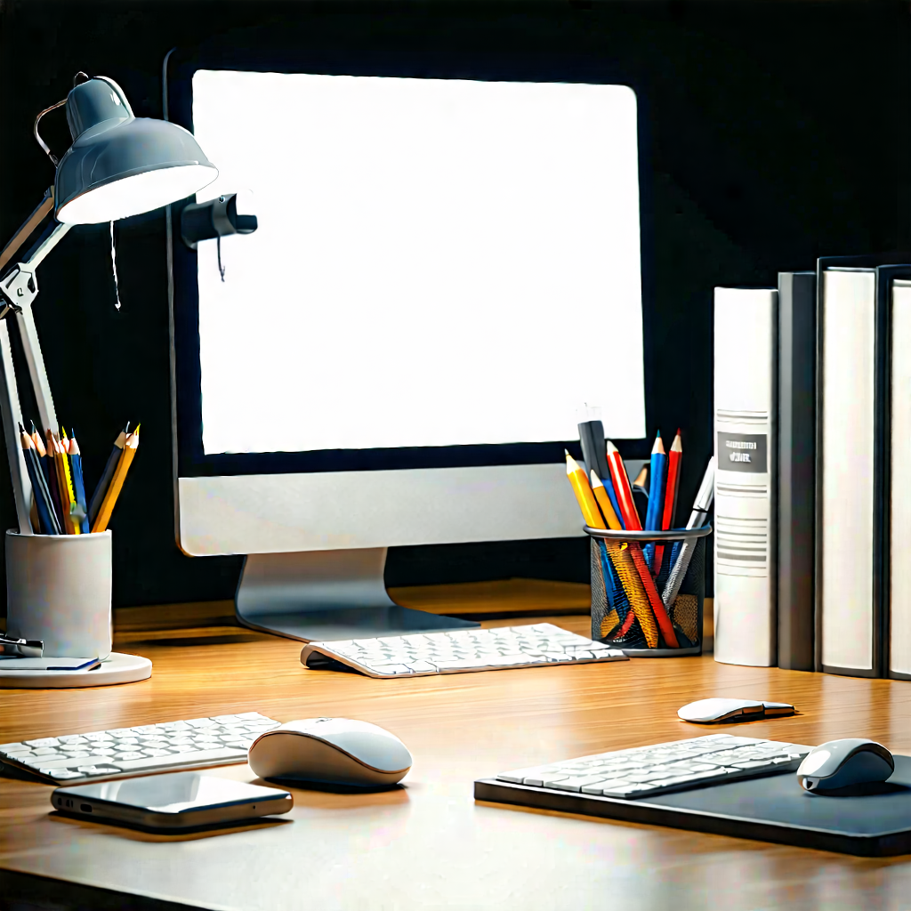 Business Cinema 4d: Workplace With (modern:1.5) Office Supplies On Desk With Desk Computer