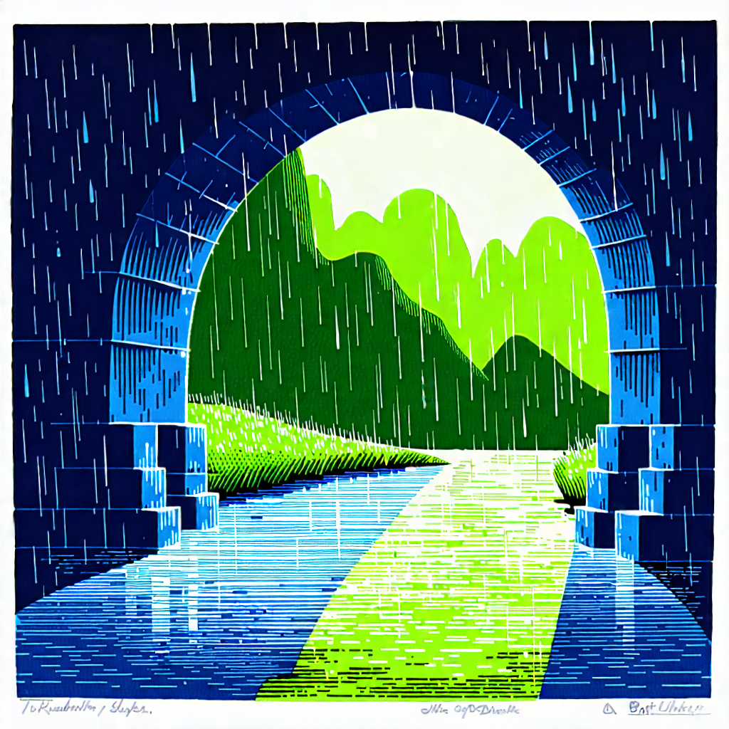 Nature Linocut Print: Natural Arch In Rainy Season With Beautifully Drawn