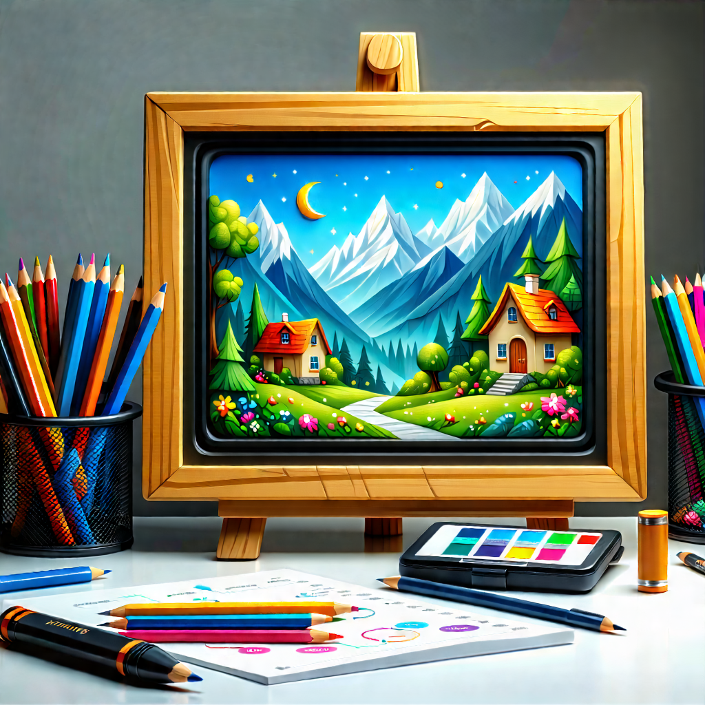 Tech Gouache Painting: Educational Technology In Tech Office With Painting Mountainous