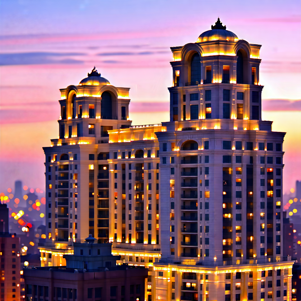 Urban Landscape Photography: Famous (building:1.26) With (sunset:1.47) Glow With Large, Tall