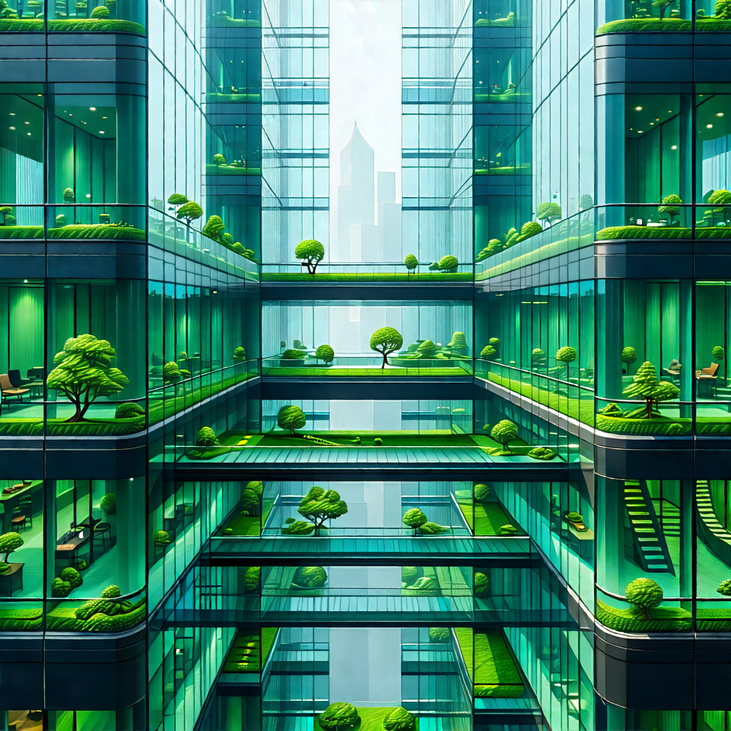 Urban Concept Art: Glass Office Tower With Green Rooftop With Image, There