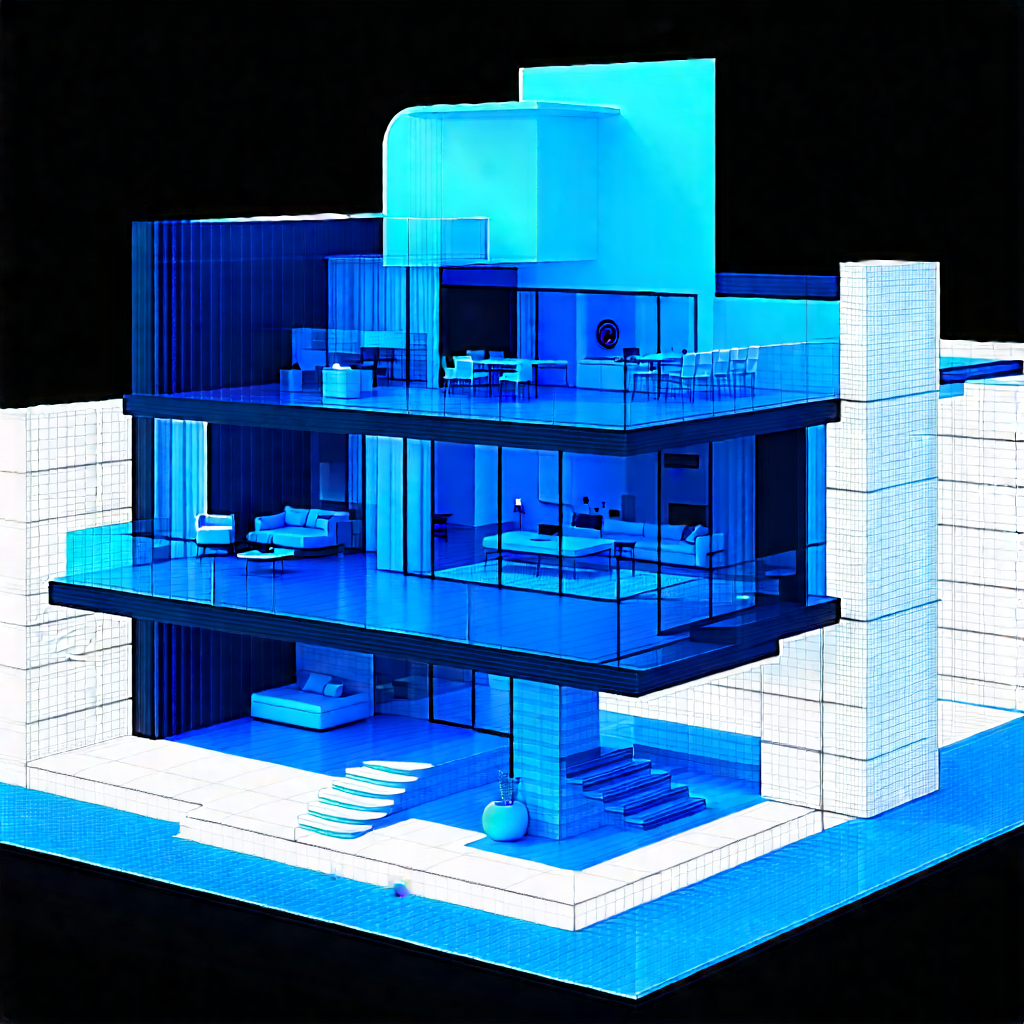 Tech Blueprint Style: Futuristic Smart Home With Blue White