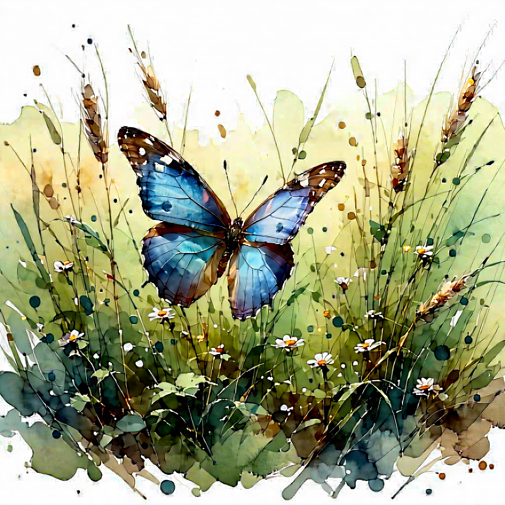 Nature Ink Drawing: Butterfly In Prairie Grassland With Beautiful Blue