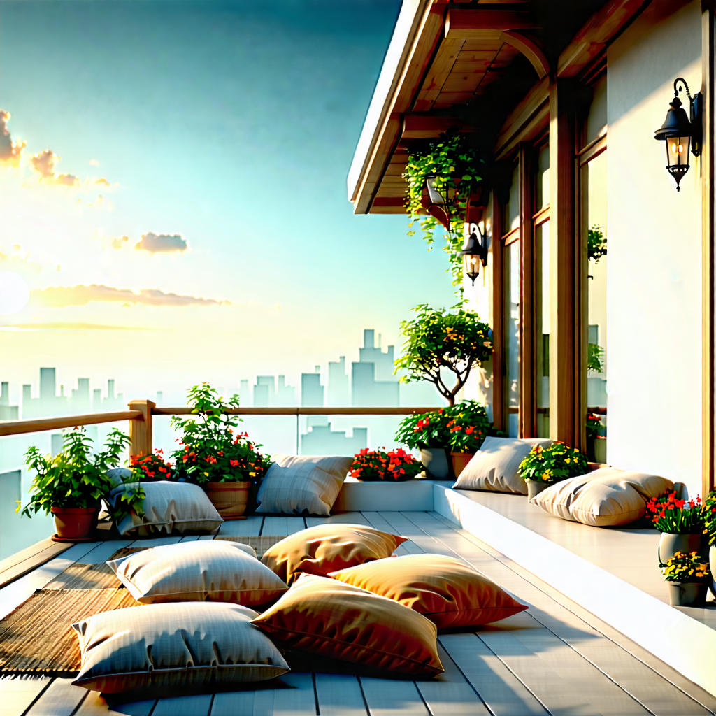Lifestyle 3d Render: Balcony Garden With Comfortable Textiles With Beautifully Decorated