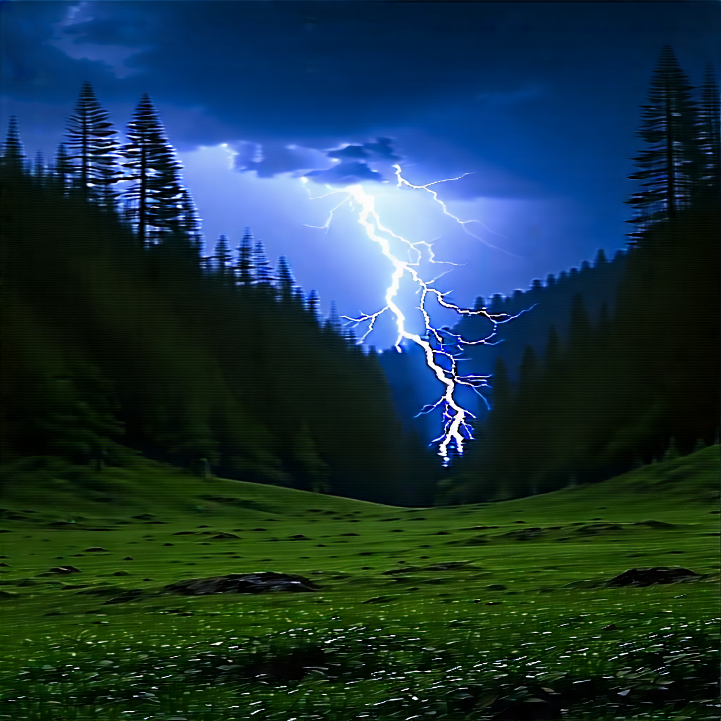 Nature Landscape Photography: Lightning Over Forest Clearing With Lightning Bolt