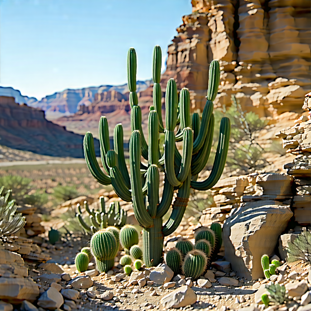 Nature Digital Illustration: Cactus In Rocky Terrain With Desert Landscape