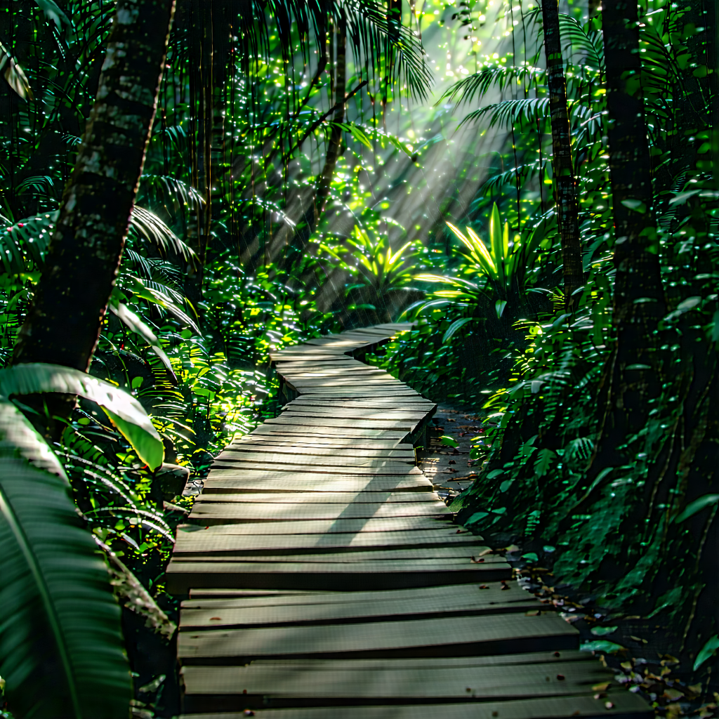 Nature Stock Photography: Path Through Tropical Jungle With Wooden Pathway