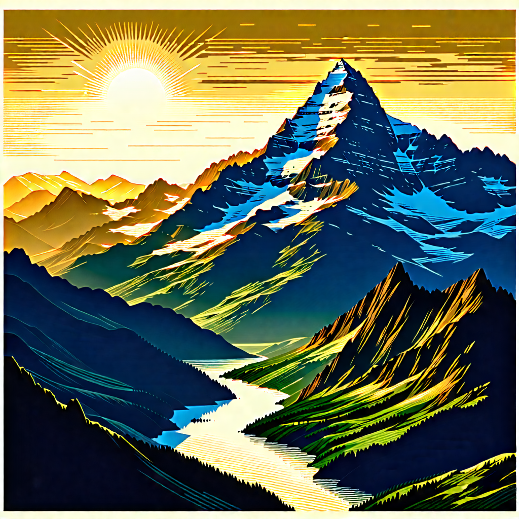 Nature Linocut Print: Mountain Range During Golden Hour With Beautiful Mountain