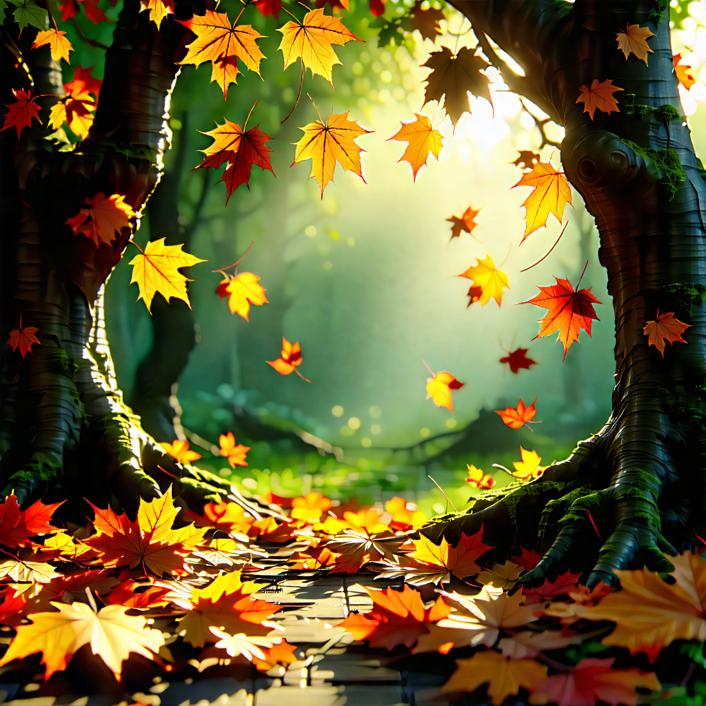Nature Woodcut Print: Autumn leaves in natural setting