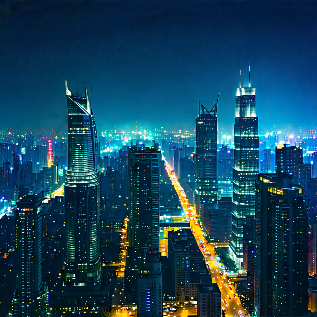 Urban Low Poly: Cityscape Of Modern Metropolis During Night With Nighttime View