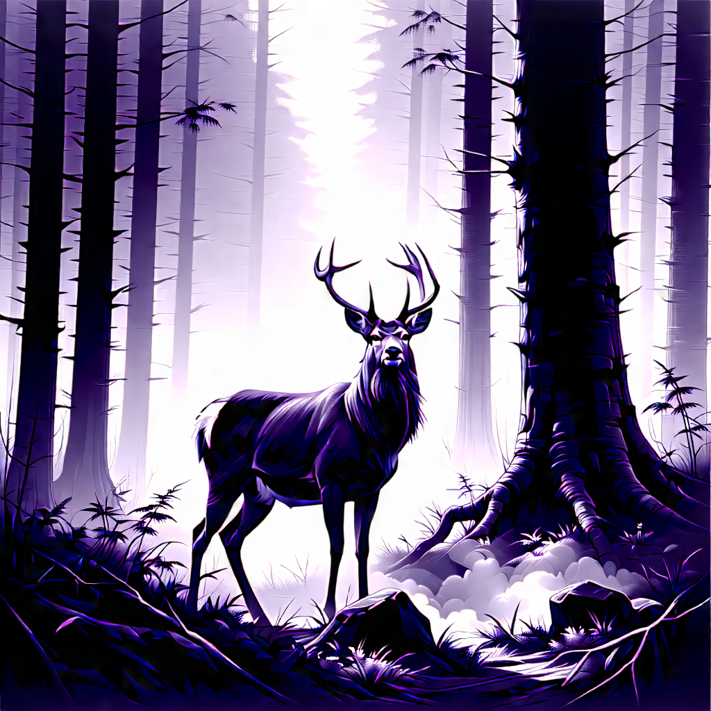 Nature Charcoal Drawing: Deer In Forest Environment With Deer Standing