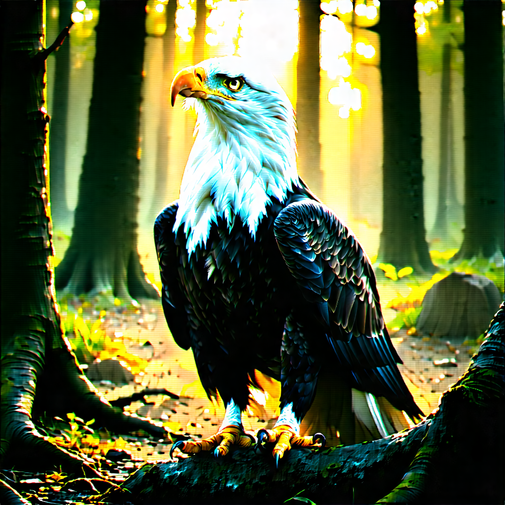 Nature Lithograph: Eagle In Forest Environment With Majestic Bald