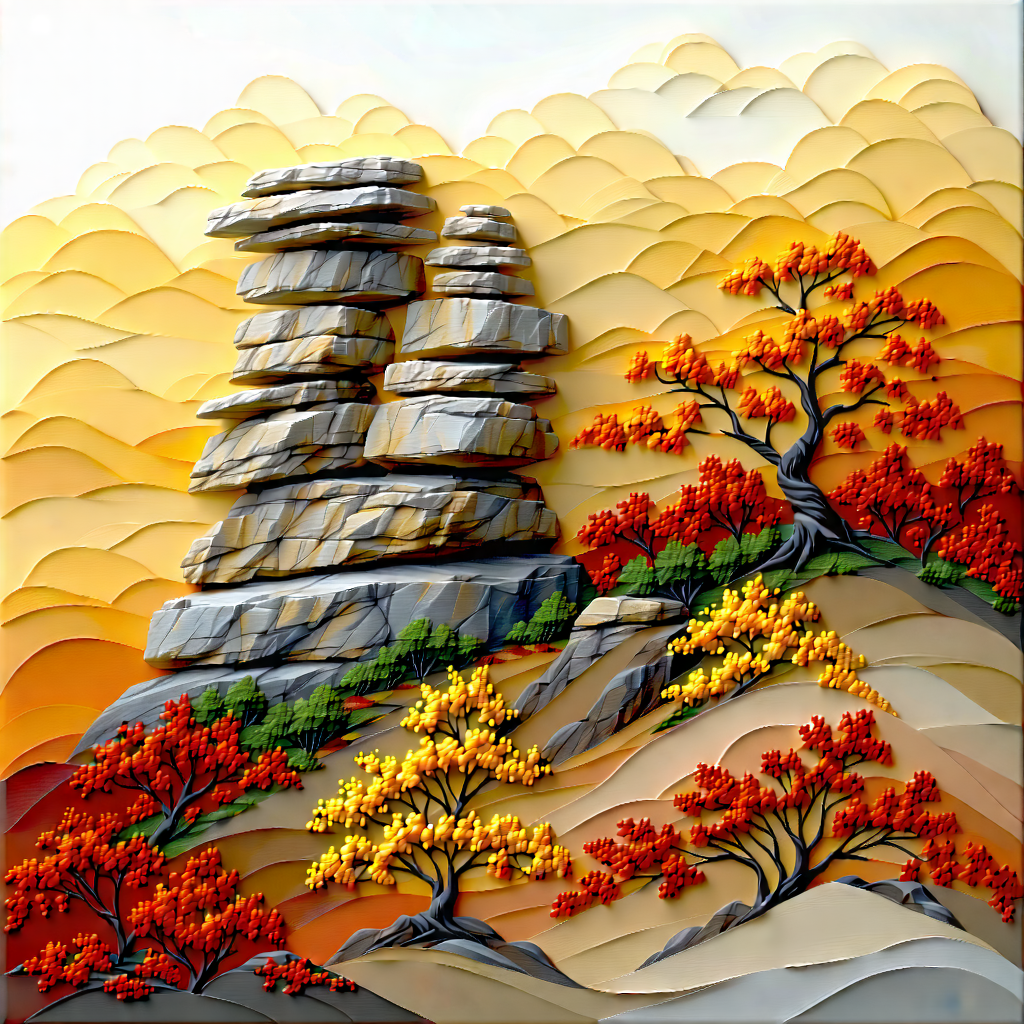 Nature Gouache Painting: Rock Formation In Autumn Colors With Rocky Landscape