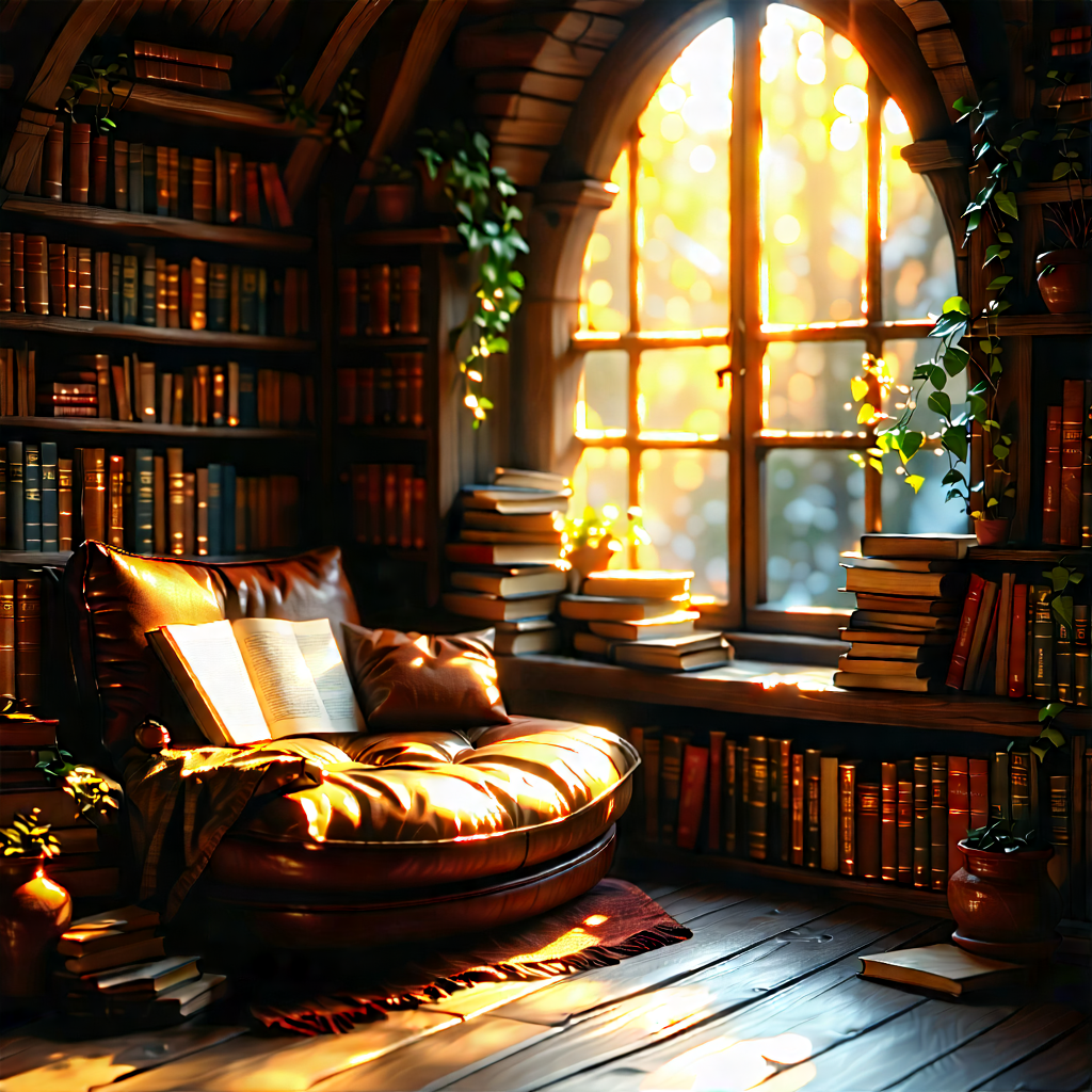 Lifestyle Etching: Reading Nook With Warm (lighting:1.14) With Cozy Reading